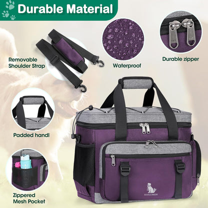 IGOLUMON Dog Travel Bag Large Pet Travel Bags Set for Supplies Weekend Dog Travel Kit Tote Organizer Multi-Pockets Dog Food Travel Bag with 2 Large Food Containers, 2 Dog Bowls, 1 Feeding Mat, Purple