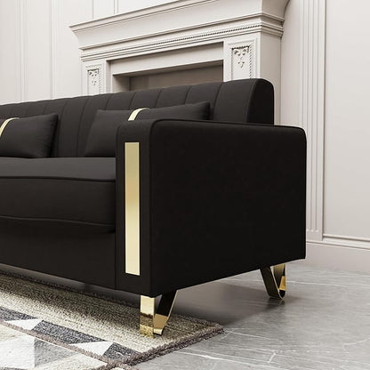 Couch 85.62" 3 Seats Sectional Velvet Fabric Sofa Easy Assemble Sofa Bed with 2 Couch Pillows,Gold Metal Legs for Living Room (P17, Black（3+1+1）)