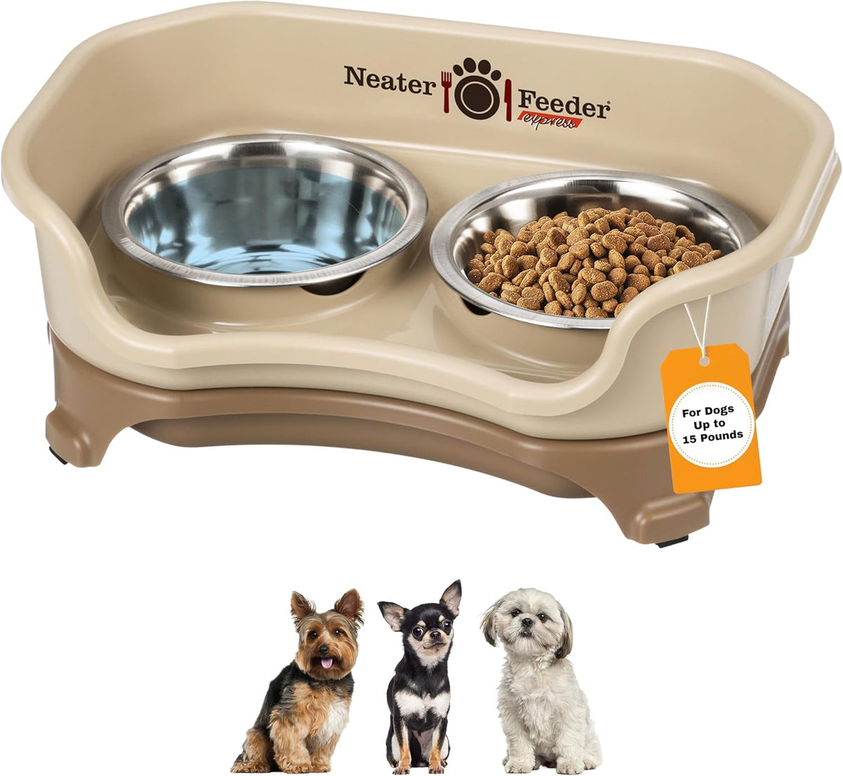 Neater Feeder Express Mess Proof Dog Bowls Elevated for Small Breeds under 15 Lb, Made in USA, No Spill Raised Dog Food Bowl Stand, Stainless Steel Food and Water Bowl Set, Feeding Station, Cappuccino