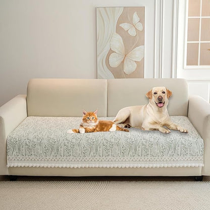 HANDONTIME Elegant Floral Pet Couch Cover, Jacquard Chenille Dog Bed Cover with Plush Fringe, Non-Slip Washable Sofa Protector for Dogs & Cats, Fits Sectionals 3 Cushion Couches (Green,35.4" x 94.5")