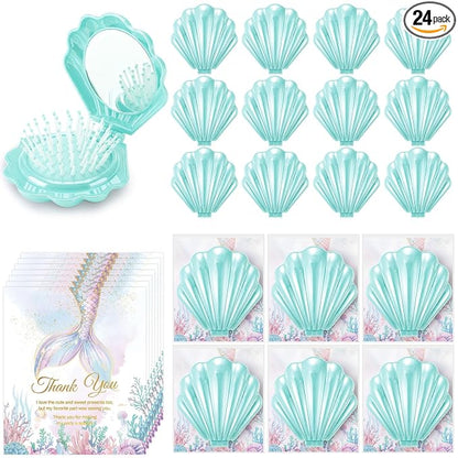 LemonRoad 24 Sets Mermaid Party Favors Shell Hair Brush with Mirror Card, Foldable Mini Travel Compact Hair Brush for Women Birthday, Bachelorette, Under The Sea, Beach Party Gifts(Teal)
