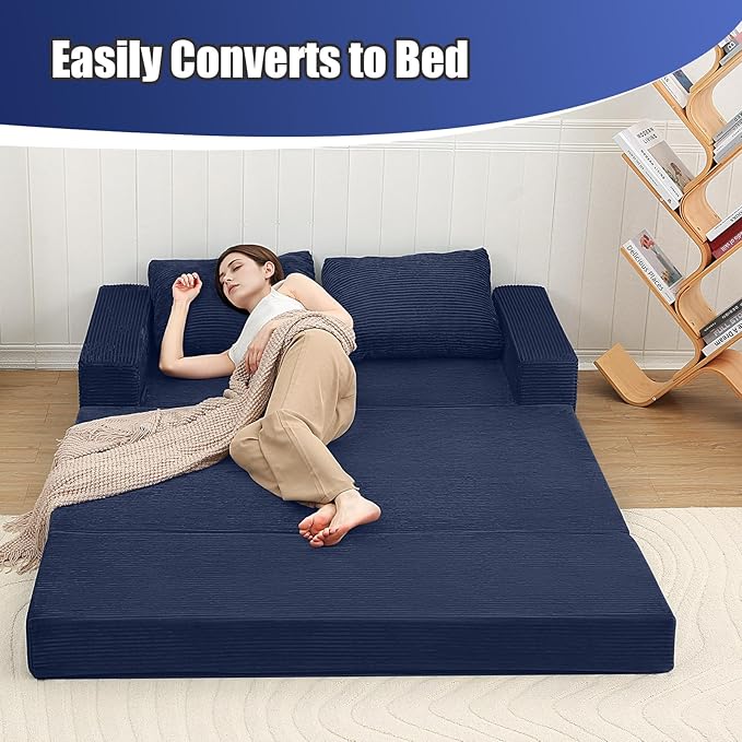 COMAX Convertible Sofa Bed Queen, Corduroy Folding Floor Couch Pull Out Couch Bed Futon Sleeper with Pillows, Fold Out Boneless Sofa Comfy Lounge Mattress Loveseat for Living Room Bedroom, Navy