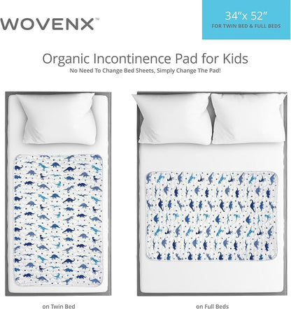 Organic Incontinence Pads for Kids & Toddlers - 5 Layer Waterproof Protectors for Overnight Bed Wetting - Reusable & Washable Pee Pads - Fits Twin to Full Size Beds - 34" x 52" Dinosaur