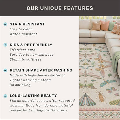 3x5 Flower Area Rug for Girls Bedroom - Washable Light Pink Large Entryway Rug for Laundry Room, Kitchen, Bedroom, Dorm, Insect Print Vintage Floral Non-Slip Throw Rug Low Pile Stain Resistance