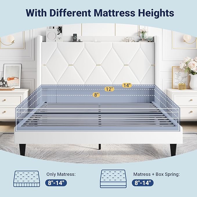 Allewie Velvet Full Size Upholstered Bed Frame with Wingback Storage Headboard & Charging Station, Platform Bed with Diamond Tufted Design & Gold Trim, No Box Spring Needed, Easy Assembly, White