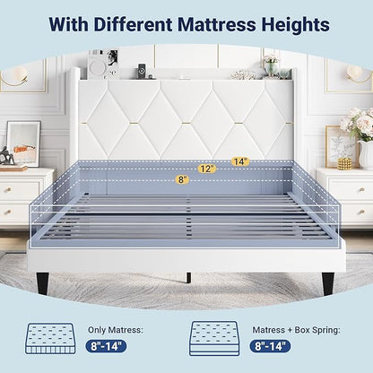 Allewie Velvet Full Size Upholstered Bed Frame with Wingback Storage Headboard & Charging Station, Platform Bed with Diamond Tufted Design & Gold Trim, No Box Spring Needed, Easy Assembly, White