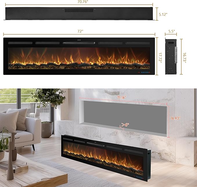 72 Inch WiFi-Enabled Recessed Electric Fireplace Inserts