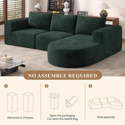 Modular Sectional Sofa with L-Shape Chaise,Cloud Sectional Modern Sleeper Couch with Deep Seat,Sponge Compression Sofas No Assembly Required(Green-Corduroy Fabric) 1PCS