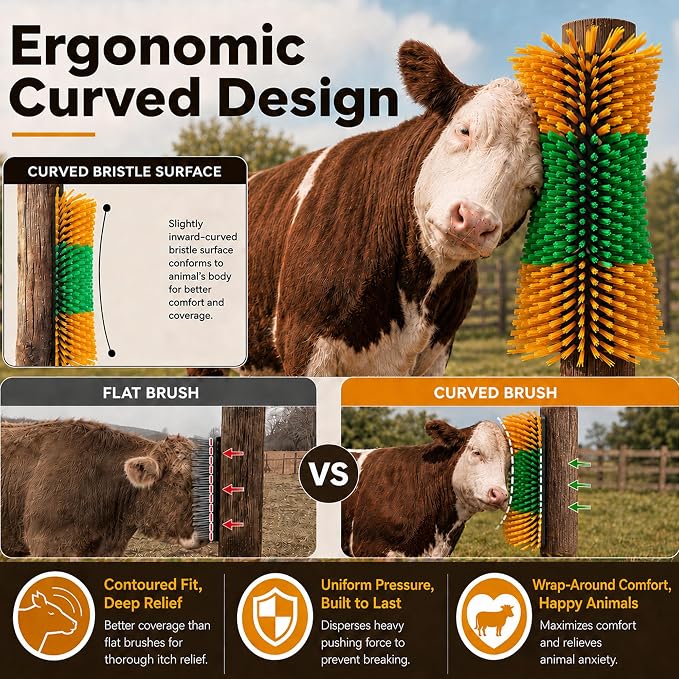Bionic Curve Livestock Scratching Brush for Cattle, Cows, Goats, Horses and Pigs - Body-Contoured Farm Animal Scratcher Post, Heavy Duty Livestock Grooming Brush with 4 Screws, 1 Pack