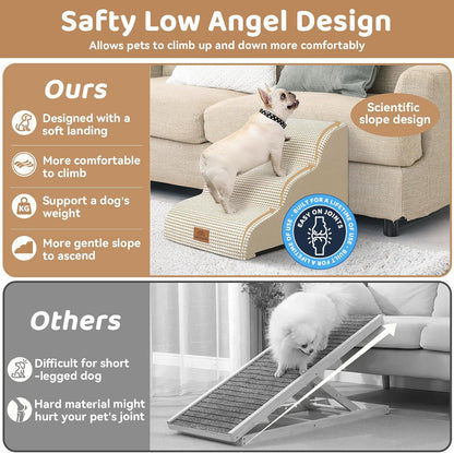 Dog Ramp and Stair for Bed 16" H-20 H,3-Step Cat Stair for Sofa and Chair,4-Step Dog Ramp for High Bed and Window,Durable Nonslip Fabric Cover for Indoor (Beige-16 H, Pet Friendly, 3)