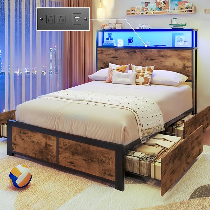 Lifezone Twin Bed Frame with 2-Tier Storage Headboard, Metal Platform Bed Frame with 4 Storage Drawers, Built in Charging Station & LED, Noise-Free/Metal Support/No Box Spring Needed, Vintage Brown