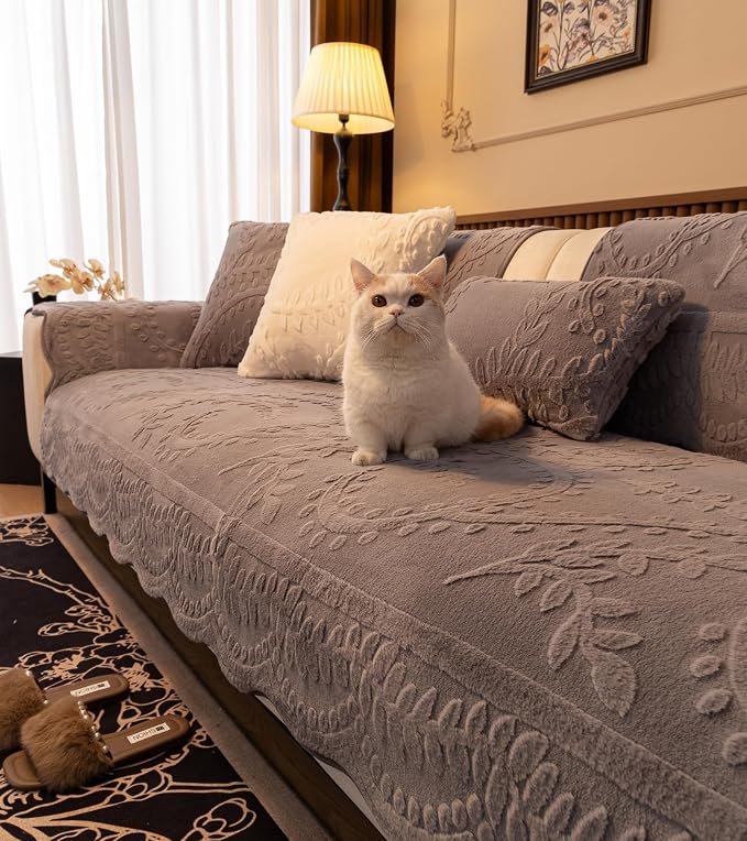 Grey Fuzzy Rabbit Plush Sofa Cover Cozy Warm Sofa Couch Covers with 3D Jacquard Leaf Pattern Non-Slip Easy-to-Install Shaggy Sofa Slipcover Prefect for Kids Dogs Cats Cats(Grey,36"x47")