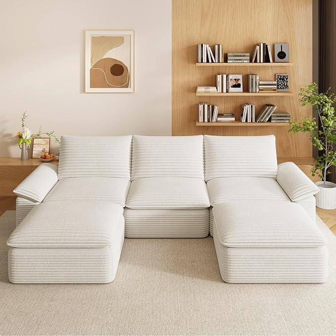 111" Cloud Sectional Couch with U-Shaped Chaise, Corduroy Sectional Sofa with Ottoman, Boneless Couch with Deep Seat in a Box for Living Room, No Assembly Required (White)