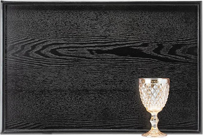 24 x 16 Inches Extra Large Solid Wood Serving Tray for Tea Coffee Table Snack Food Meals Serving Plate Kitchen Party Bar Breakfast Server with Raised Edges Black Wooden Decorative Ottoman Tray