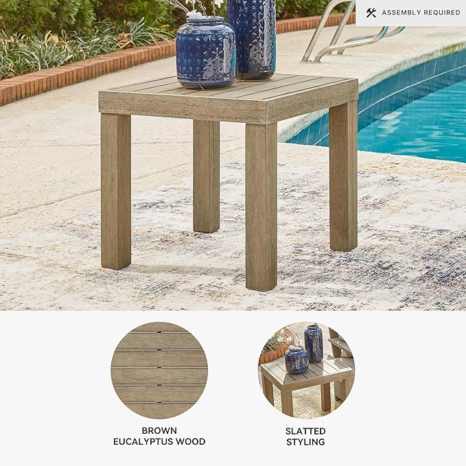 Signature Design by Ashley Silo Point Casual Outdoor Square Patio End Table with Slatted Styling, Multi-Step Finish, Eucalyptus Wood, 20.5" High, Brown
