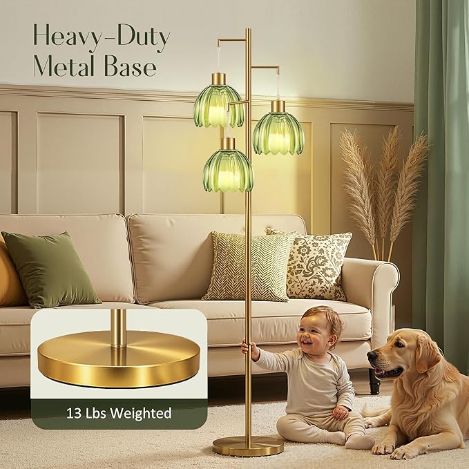 COTTHOS Gold Floor Lamp for Living Room, Modern Standing Lamp Brass Glass Green Tree 3 Light Tall Floor Lamps for Bedroom & 800 Lumens LED Bulbs, Vintage Flower Lamp Shade Farmhouse Boho Bohemian