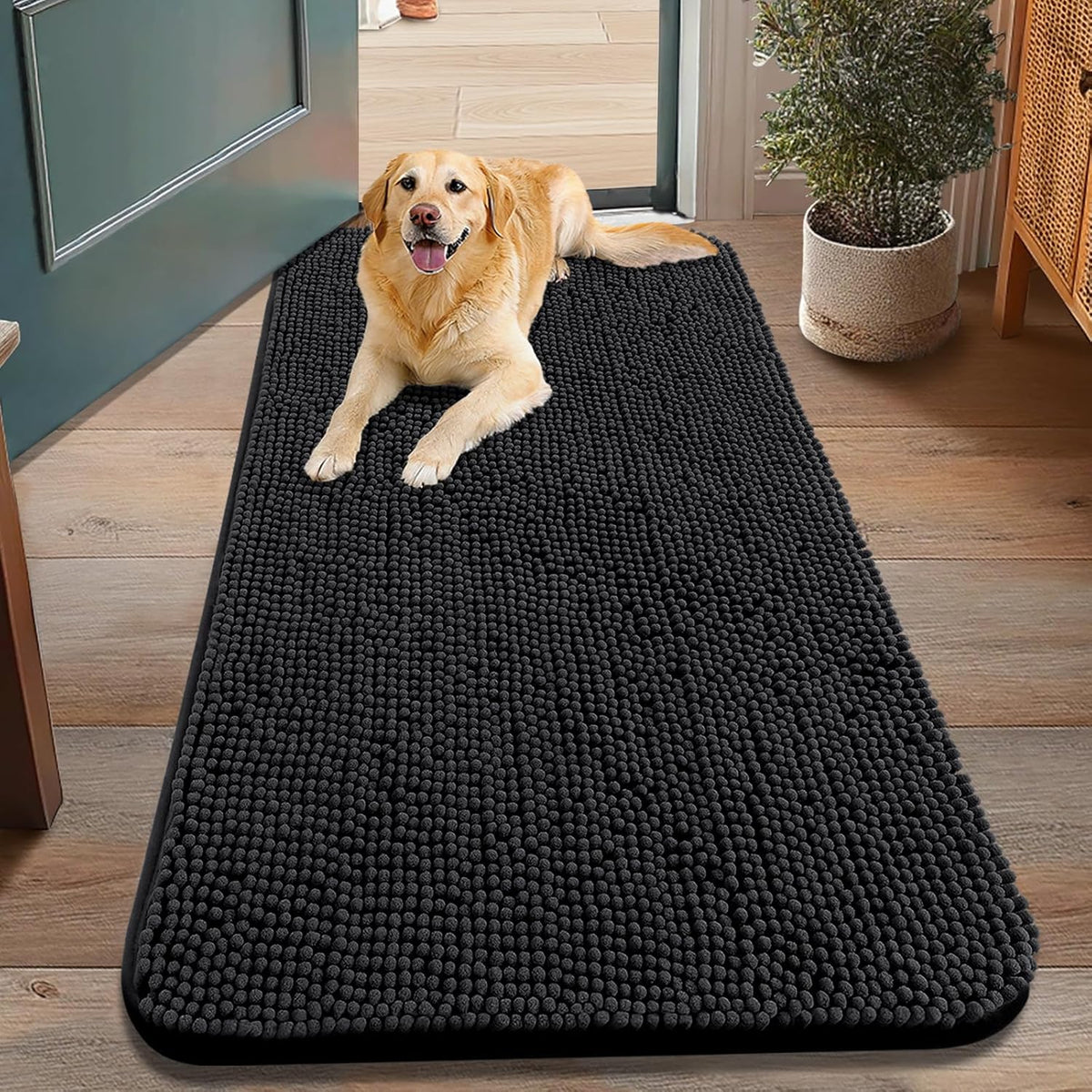 Smiry Dog Door Mat for Muddy Paws 48x30, Absorbs Moisture and Dirt Doormat, Non-Slip Washable Quick Dry Chenille Front Door Mat Indoor Entrance, Entryway Carpet for Inside Floor, Black