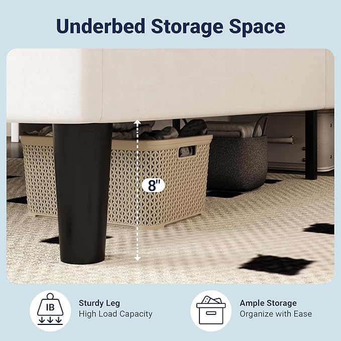 Allewie Queen Size Bed Frame, Storage Headboard with Charging Station, Wingback Velvet Upholstered, Diamond Stitched Button Tufted, Sturdy Wooden Slats, No Box Spring Needed, Easy Assembly, White