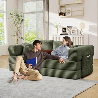 Antetek Convertible Sofa Bed, Comfy Corduroy Fluffy Love seat Sleeper Sofa, 5 in 1 Folding Couch Bed, Fold Out Floor Couch with Pillows for Bedroom, Living Room, Office, Wide Stripes, Green