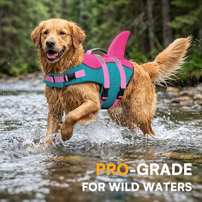 Shark Dog Life Jacket - Adjustable Reflective Pet Life Preserver With Rescue Handle - Green XL