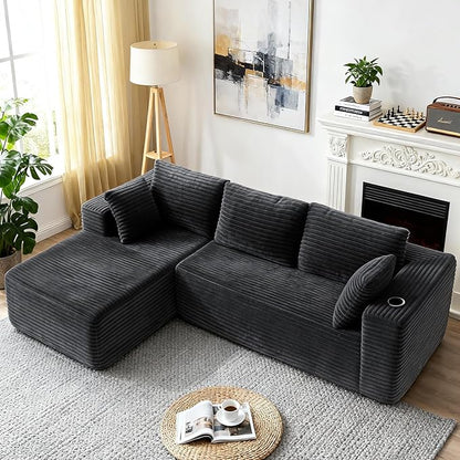 106" Cloud Couch Corduroy Modular Sectional Sofa L-Shape Boneless Couch with Wide Armrests and Cup Holders for Living Room Bedroom, No Assembly Required (Grey)
