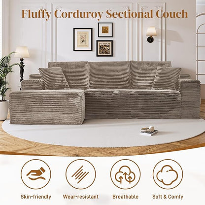 108" Boneless Cloud Sectional Couches for Living Room, Comfy Fluffy L Shaped Memory Foam Deep Seat Boneless Couch, Modular Sectional Sofa with Left Facing Chaise, Brown
