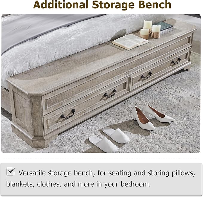 T4TREAM Farmhouse Queen Bed with Headboard and Storage Bench, Rustic Wood Platform Bed with 64" Storage Chest w/ 4 Large Drawer, Light Rustic Oak