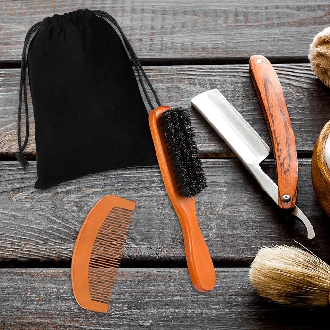 10 Sets Natural Boar Bristle Brush, Pear Wood Dual Sided Wide Tooth Comb with Travel Pouch - Beard Grooming Kit for Men's Beard Care, Valentine Gift (Long Handle)