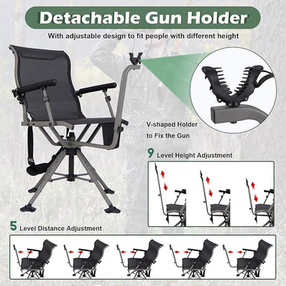 GYMAX Hunting Chair with Gun Rest, 360° Swivel Hunting Blind Chair w/Adjustable Height & Armrest, All-Terrain Duck Feet, Shoulder Strap, 330 LBS Folding Outdoor Ground Blind Seat