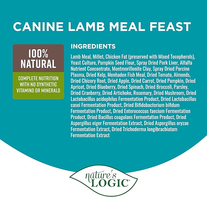 Nature's Logic Dry Dog Food - 100% Natural - No Synthetics - For All Ages, Sizes, Breeds - Free From Common Allergens, High Protein - Lamb Meal Feast, 4.4lbs