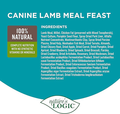 Nature's Logic Dry Dog Food - 100% Natural - No Synthetics - For All Ages, Sizes, Breeds - Free From Common Allergens, High Protein - Lamb Meal Feast, 4.4lbs