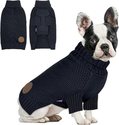 cyeollo Warm Small Dog Sweater, Knit Cold Weather Doggy Sweaters for Small Dogs Boy Pullover Winter Dog Clothes with Turtleneck for Indoor & Outdoor Wear, Navy M