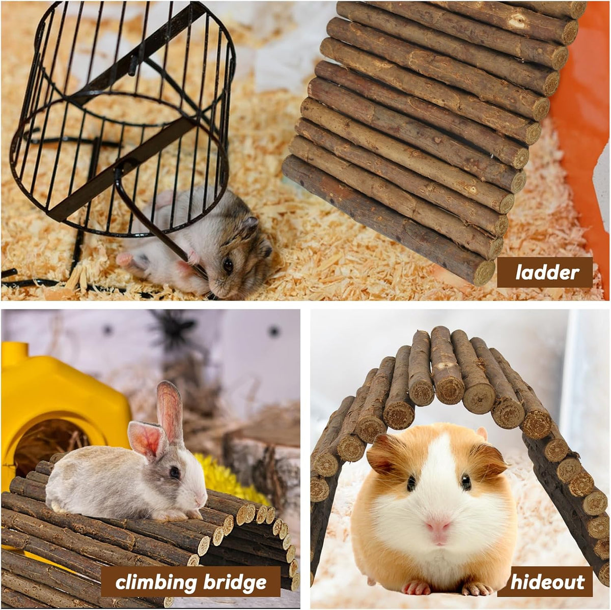 kathson Wooden Hamster Bridge,Guinea Pig Wood Ladder Bendable Tunnel Hideout Hut Small Animal Climbing Toys for Ferret Hedgehog Chinchilla Mice Rat Gerbil Baby Rabbit(15.7 x 6.0 in)