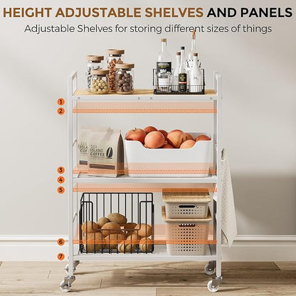 XIVIRACK 3-Tier Metal Storage Rack with Industrial Wheels,Mesh Shelving Unit with Wooden Table top,Adjustable Shelf,23.6-Inch Width,15.8-Inch Depth, for Kitchen, Laundry,Pantry,Plant,white