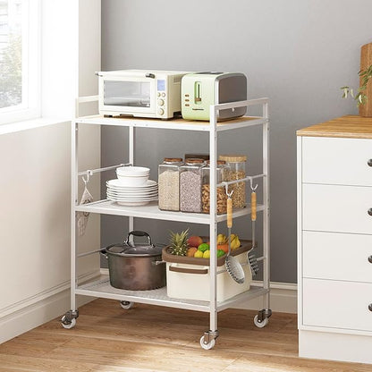 XIVIRACK 3-Tier Metal Storage Rack with Industrial Wheels,Mesh Shelving Unit with Wooden Table top,Adjustable Shelf,23.6-Inch Width,15.8-Inch Depth, for Kitchen, Laundry,Pantry,Plant,white