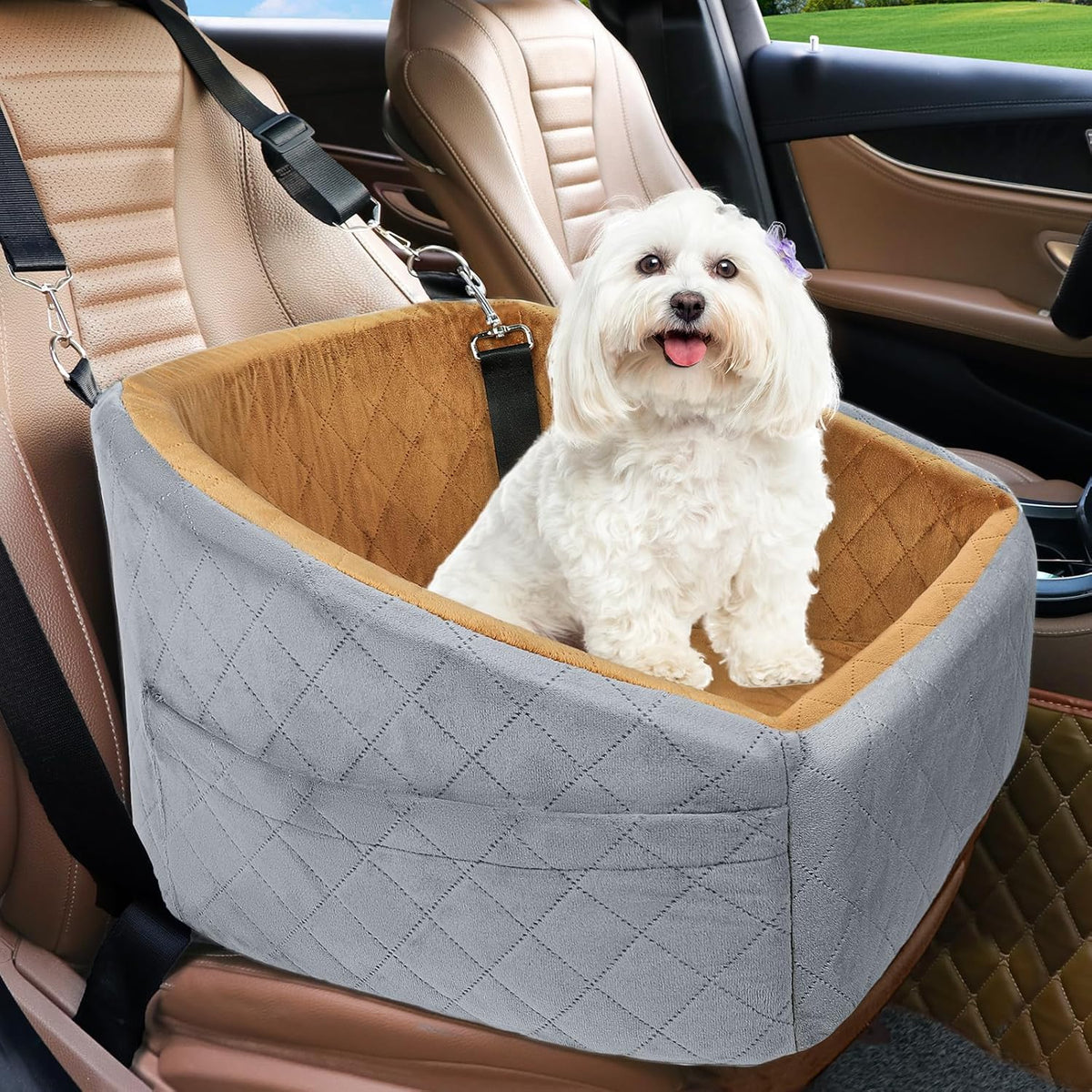 Dog Car Seat for Small Medium Dogs,Detachable Washable Dog Booster Seat Under 30lbs, Pet Car Seat Travel Bed with Storage Pockets and Dog Safety Belt(Grey/Brown)