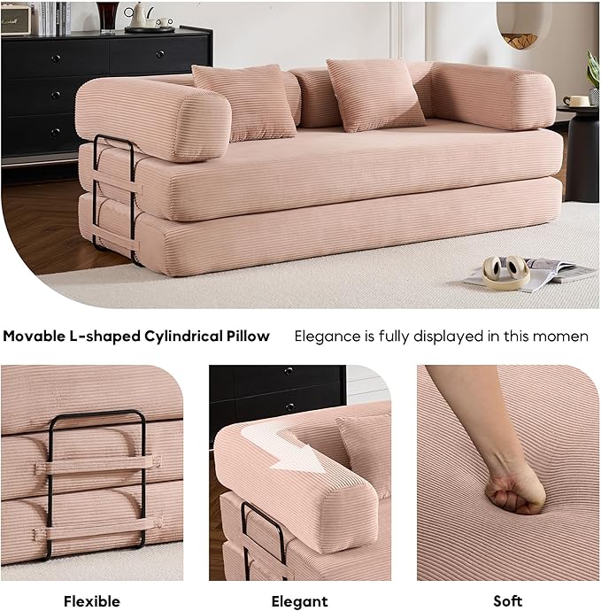 Convertible Folding Couch Bed, Comfy Corduroy Sleeper Floor Sofa Bed with Fixed-Shape Frame, Floor Sofa with Armrest, Lounge Couch for Living Room Bedroom Lounge Studio,Pale Pink