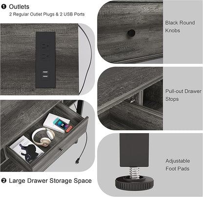 Mexin 39 Inch Console Table with 2 Outlet and 2 USB Ports, Entryway Table with Drawer and Storage Shelves, Narrow Sofa Table for Living Room and Hallway, Grey Oak