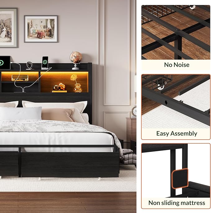 LARMACE King Size Bed Frame with 6 Storage Drawers and Headboard Wooden Platform Bed Frame with LED Lights and Charging Station Easy Assembly/No Box Spring Needed/Black