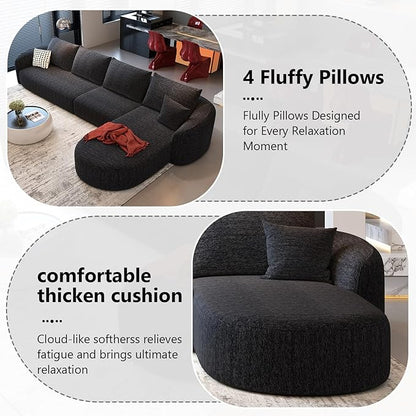 138.6" Modular Sectional Couches Luxury Modern Curved Back Sofa,Minimalist Comfy L-Shape Boneless Cloud Couch for Living Room Apartment,(Right Facing Chaise,Black)