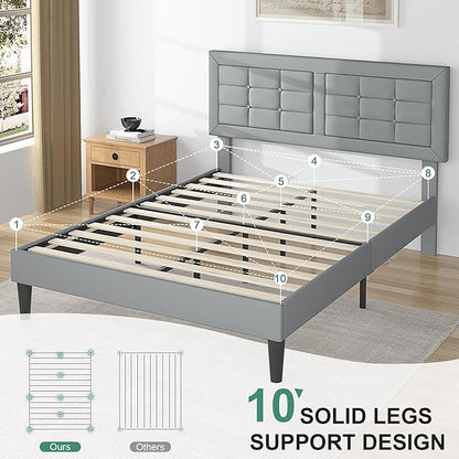 VECELO Queen Size Bed Frame with Adjustable Headboard, Upholstered Button Tufted Platform Bedframe with Wood Slats Support, No Box Spring Needed, Light Grey