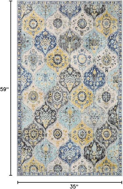 Lahome Moroccan Trellis Washable Small Area Rug, 3x5 Area Rug for Bedroom Living Room, Non-Slip Oriental Accent Throw Carpet for Kitchen Office Entryway Bathroom Office, Yellow/Aqua