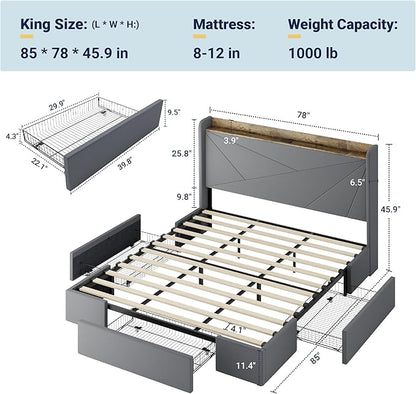 Allewie King Size Velvet Bed Frame with 3 Storage Drawers, Upholstered Platform Bed with Wingback Storage Headboard and USB Ports, No Box Spring Needed, Easy Assembly, Grey