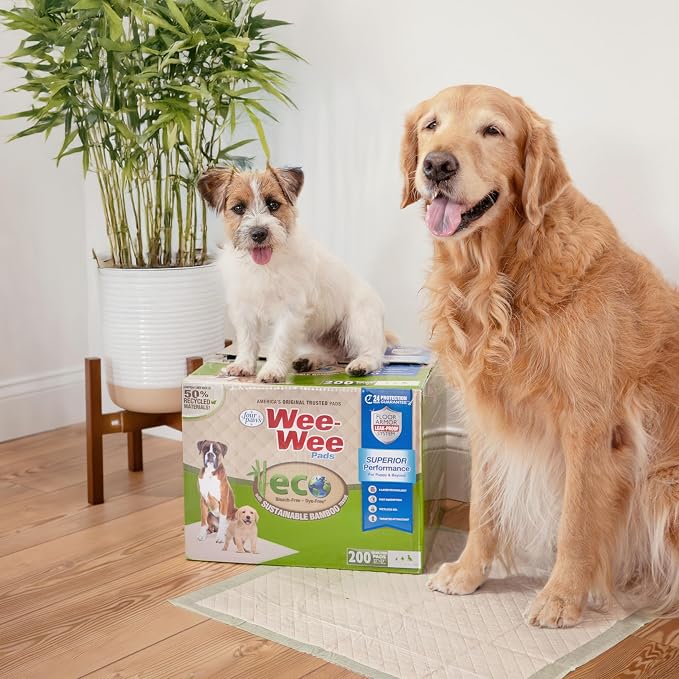 Four Paws Wee-Wee Superior Performance Eco Bamboo Dog Pee Pads, 50 Count | Earth friendly, bleach-free, dye-free, dog & puppy potty training pads, leak-proof, 24-hour protection pee pads, 22" x 23"