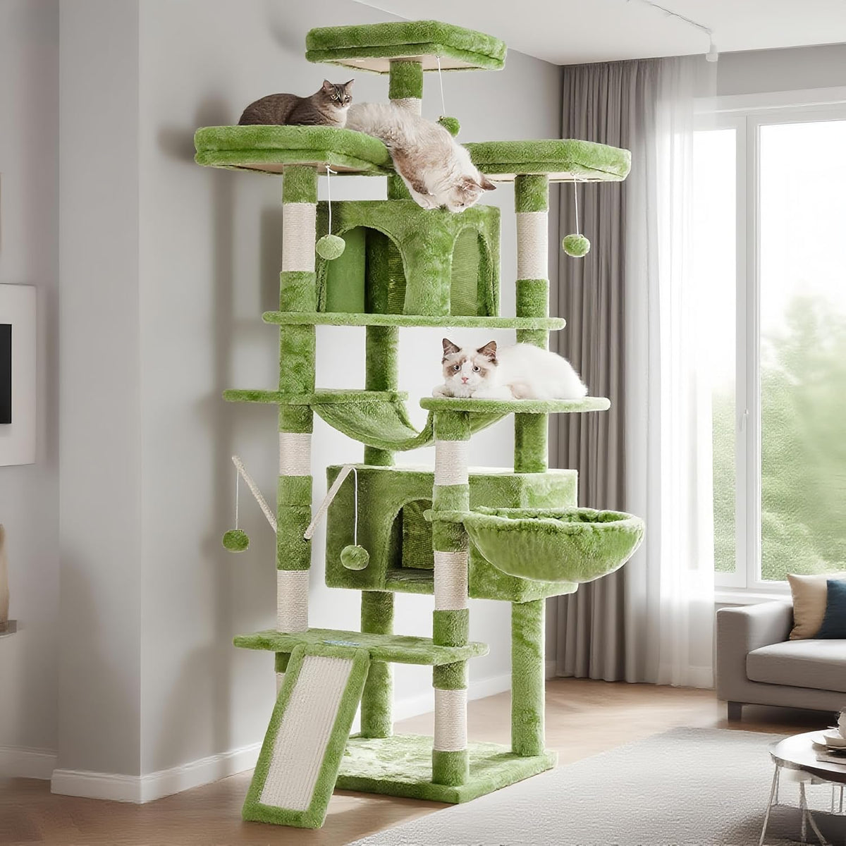Hey-brother Cat Tree, 71 inches XL Large Cat Tower for Indoor Cats, Multi-Level Cat House with 3 Padded Perches, Big Scratcher, Cozy Basket, 2 Cat Condos and Scratching Posts, Green MPJ034GR