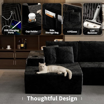 Cibert 104.3" Modular Sectional Sofa, Black Boneless Couch Left Chaise L Shaped Couch with USB Ports, 2 Cup Holders, 2 Side Storage Bags & Lint Remover, No Assembly Sectional Couches for Living Room