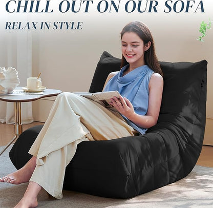 Bean Bag Chair, Fireside Chair Bean Bag Sofa for Adults, Bean Bag Chairs for Teens with High-Resilience Foam, Memory Foam & Non-Slip Base Bean Bag for Living Room, Bedroom, Office (Suede, Black)
