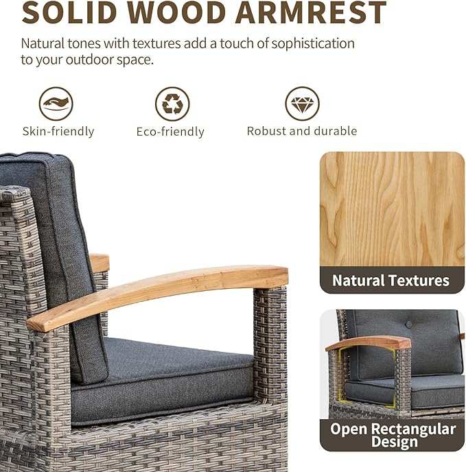 MEISSALIVVE 7 Pieces Patio Furniture Sets,PE Wicker Outdoor Conversation Sets with 2 Wood Armrests Swivel Rocker Chairs, 2 Ottoman, 3-seat Sofa and Coffee Table(Grey)