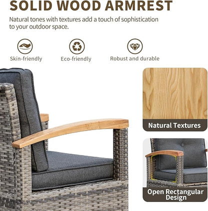 MEISSALIVVE 7 Pieces Patio Furniture Sets,PE Wicker Outdoor Conversation Sets with 2 Wood Armrests Swivel Rocker Chairs, 2 Ottoman, 3-seat Sofa and Coffee Table(Grey)