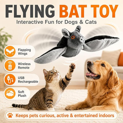Flying Bat Dog Toy, Flying Bat Toy for Dogs & Cats with Flapping Wings and Chirping Sound, Motion-Activated Interactive Pet Toy for Hanging, Ground and Indoor Chase Play (2PCS)